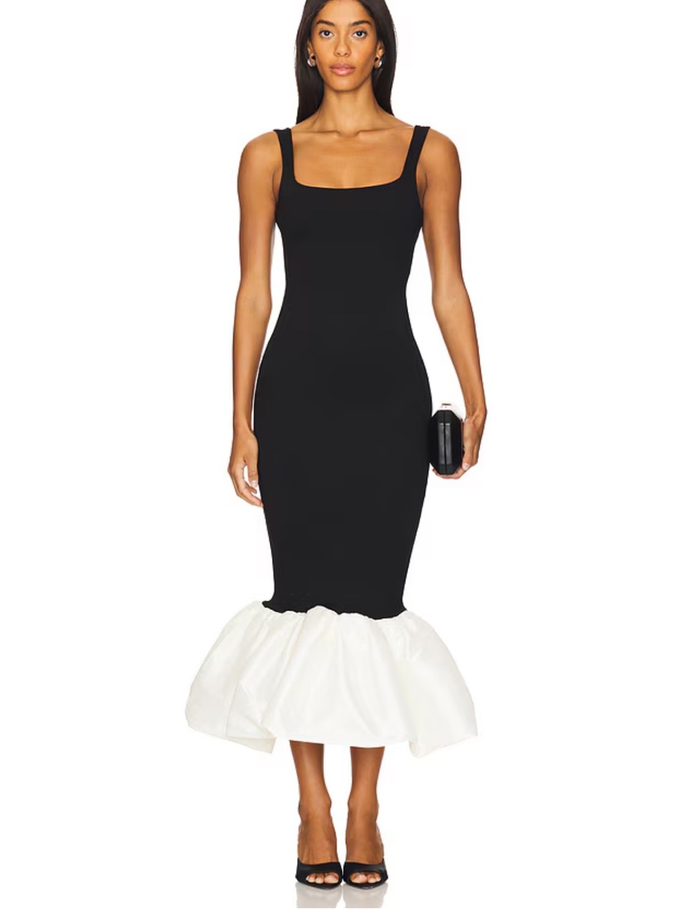 Black Midi Dress with White Ruffle Hem